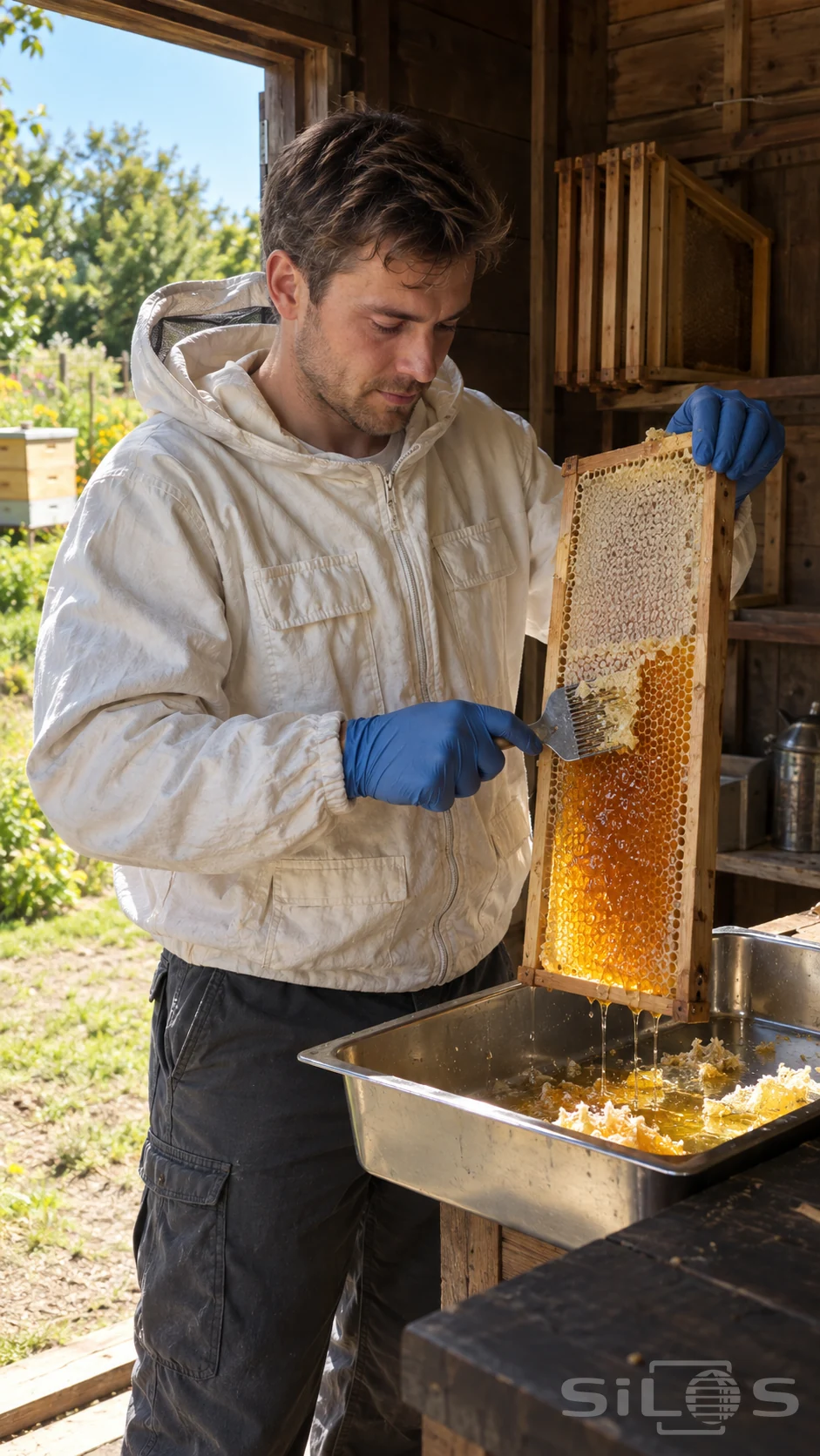 Beekeeper uses an uncapping fork on a wooden honeycomb frame during honey uncapping above a steel tray.