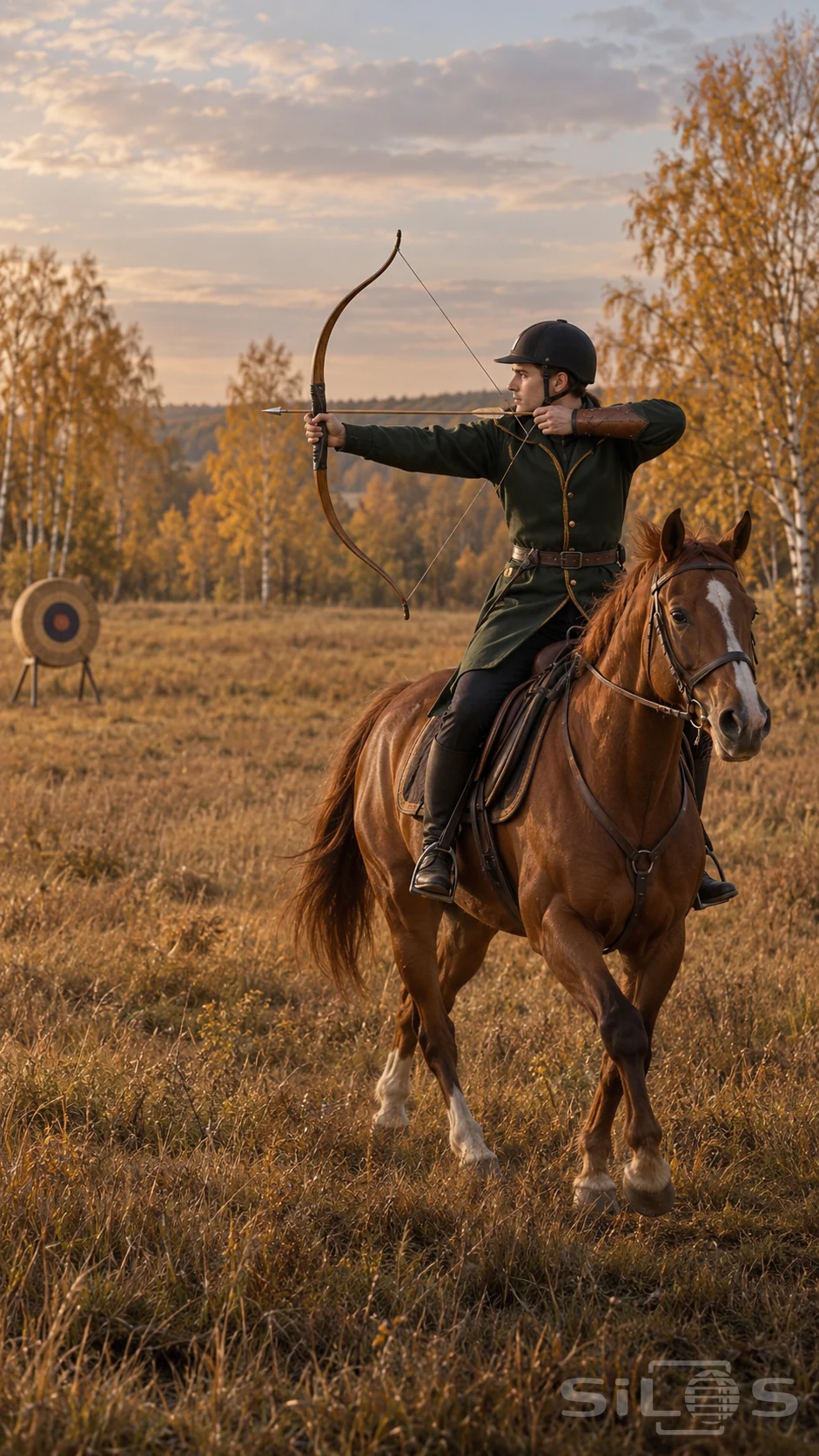 Mounted archery with an adult rider on a chestnut horse drawing a bow toward a straw target among golden birches.