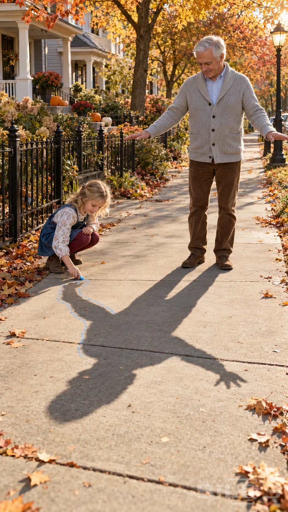 A granddaughter uses blue chalk for shadow tracing beside her grandfather on a broad autumn sidewalk beneath golden trees.
