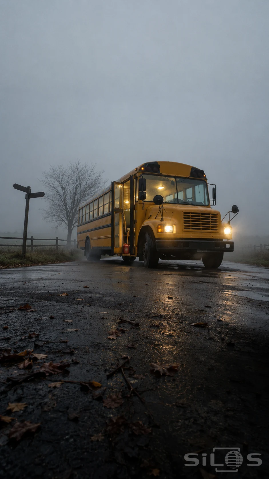 A yellow school bus with headlights on and an open door stands at a foggy crossroads beside a blank signpost and bare tree.