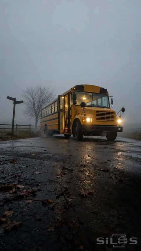 A yellow school bus with headlights on and an open door stands at a foggy crossroads beside a blank signpost and bare tree.