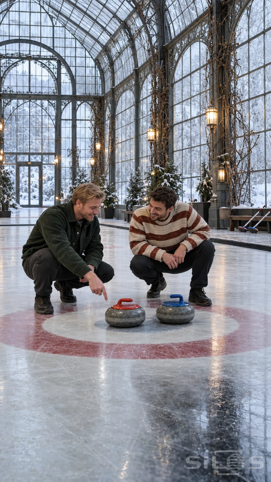 Two adult friends crouch beside red- and blue-handled granite stones after a close curling finish in a frosted winter hall.