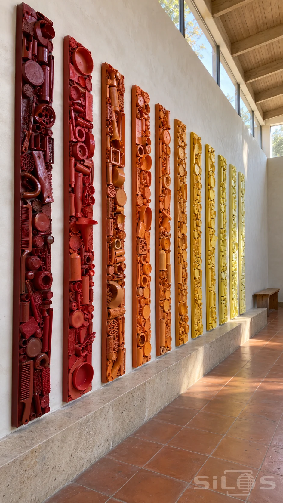 Ten narrow relief columns of reclaimed objects painted from deep red through orange to pale yellow on a sunlit gallery wall
