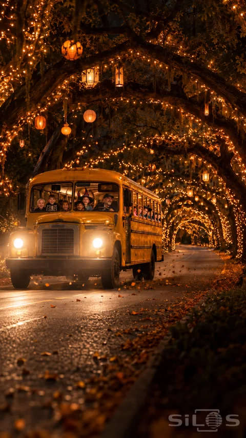 Vintage yellow bus with smiling children beneath an oak tunnel wrapped in orange lights and hanging lanterns at night