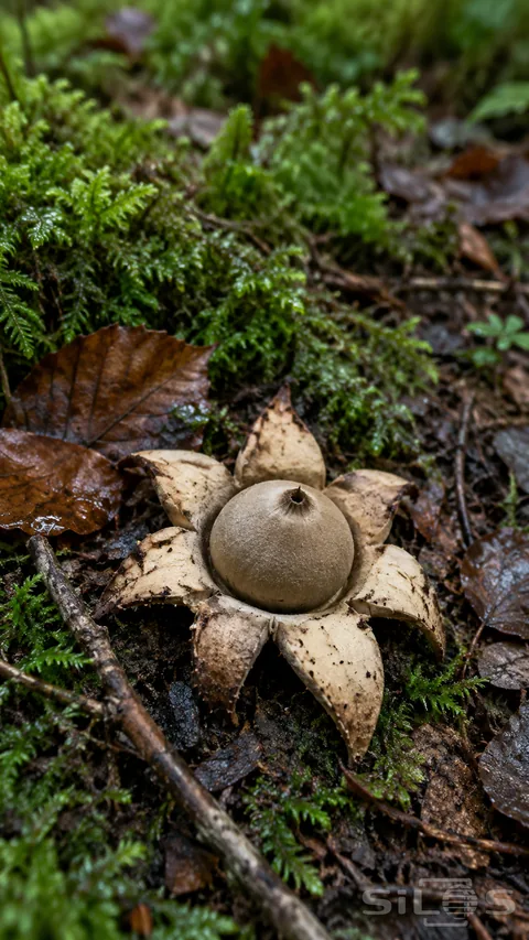 Earthstar fungus with a rounded tan center and pointed outer lobes among damp moss and wet woodland leaves.