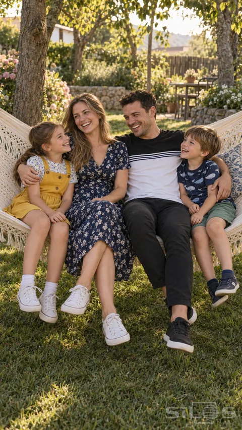 A family hammock cuddle with two parents and two fully clothed children laughing in a low cream hammock in a garden.