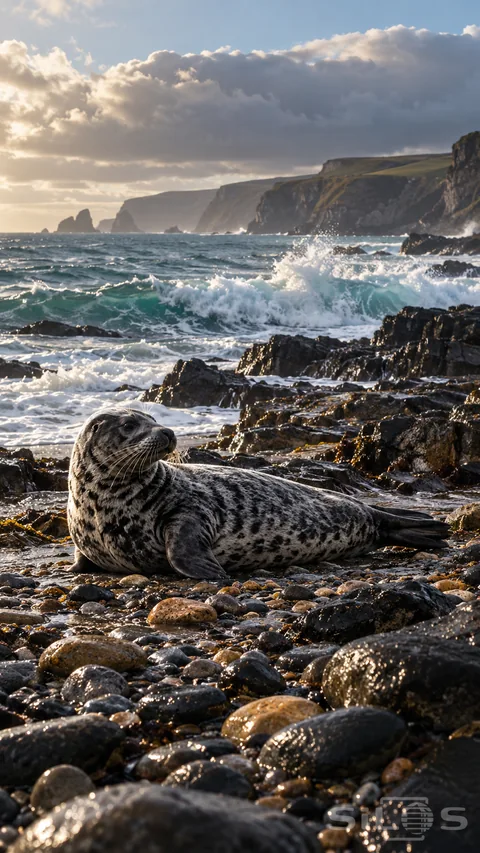 A seal rests on wet pebbles beside dark coastal rocks and a breaking turquoise wave.