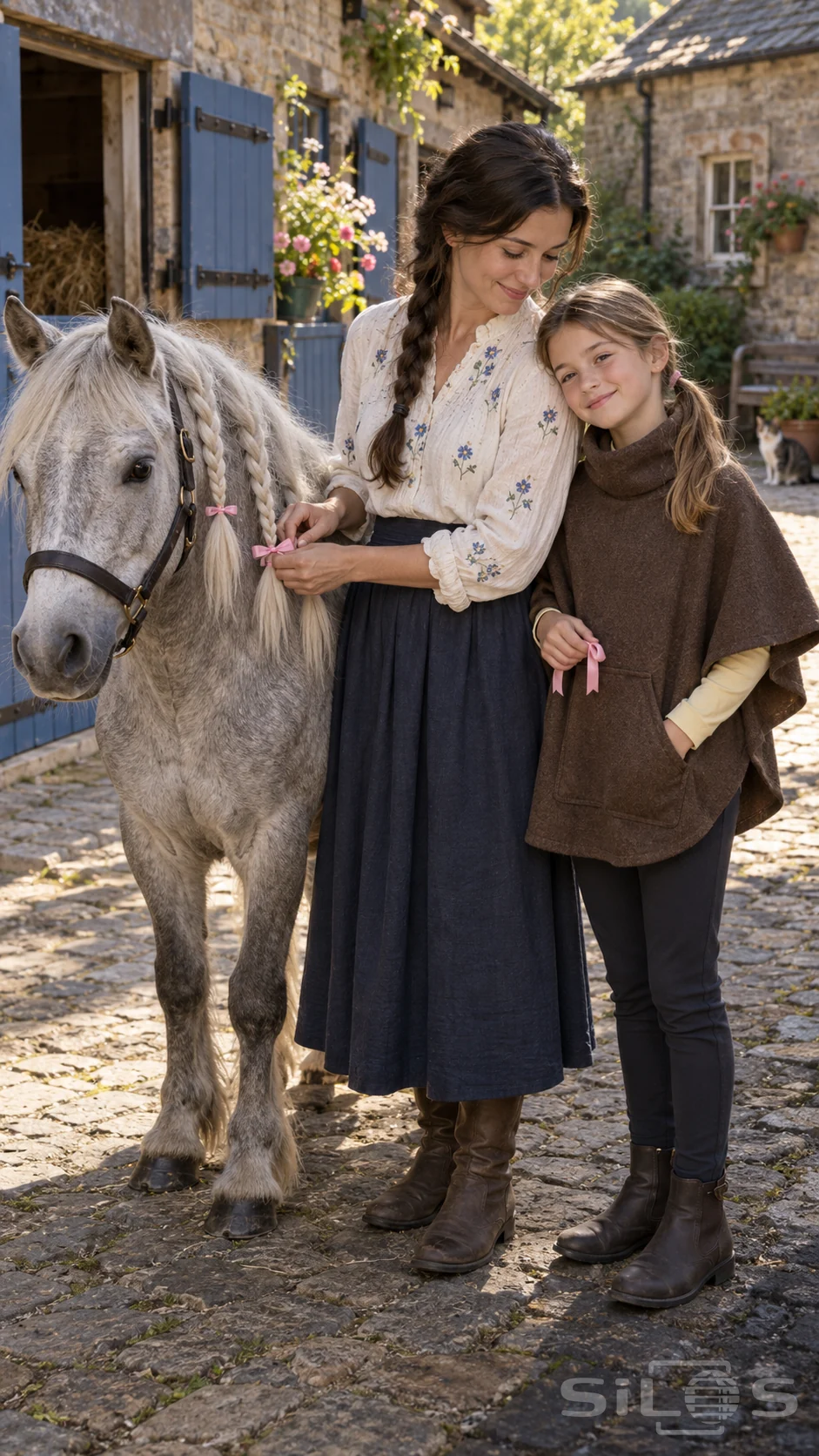 A mother ties pony braids with pink mane ribbons while her daughter in a brown riding cape leans against her shoulder.
