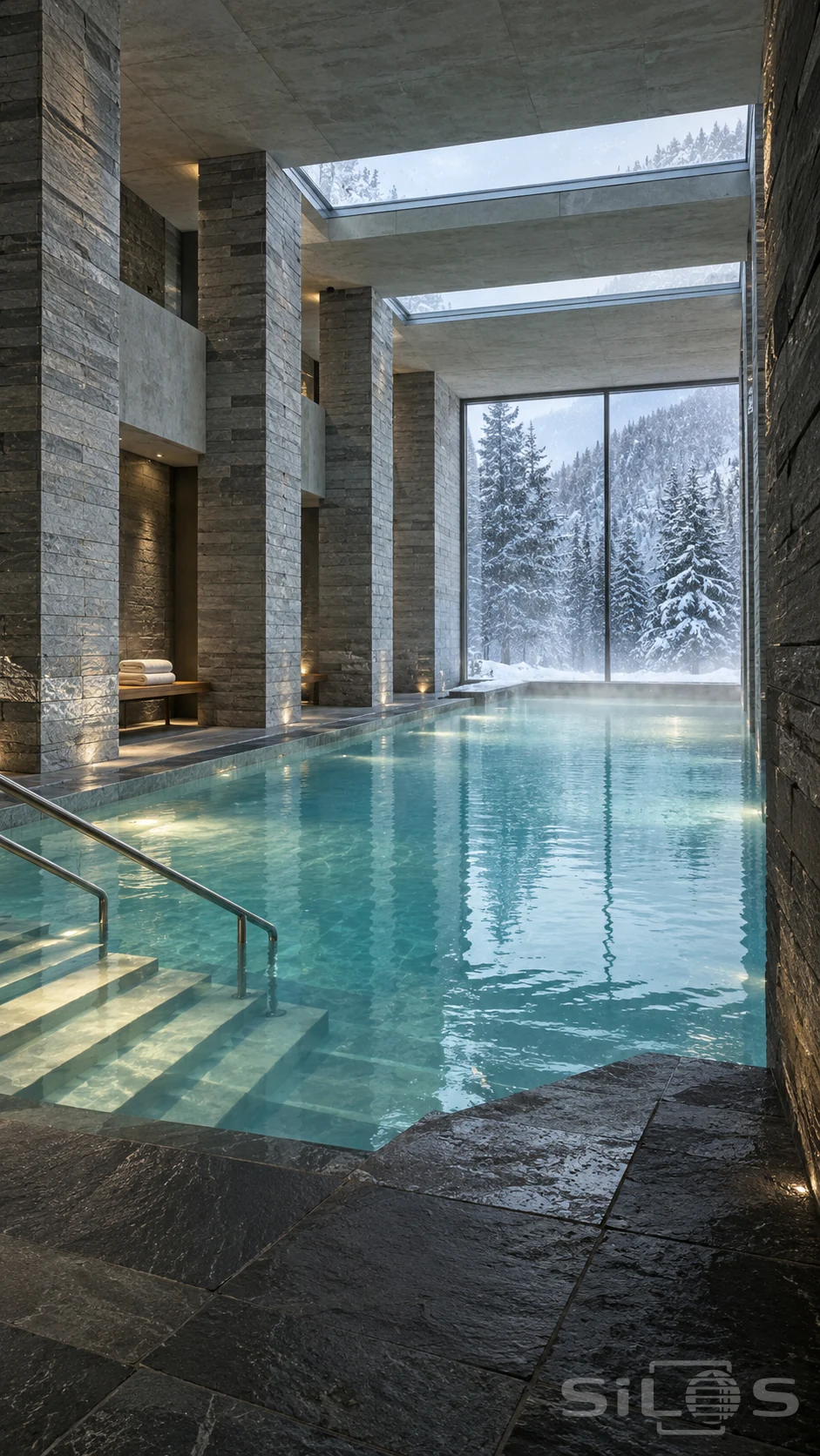 Empty turquoise indoor pool with tall grey stone piers, submerged steps, roof lights and a full-height window onto snowy fir trees.