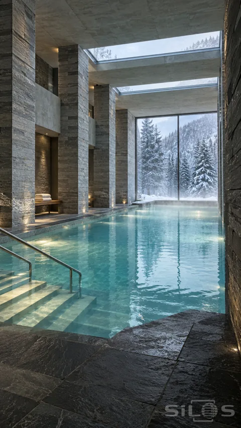 Empty turquoise indoor pool with tall grey stone piers; submerged steps; roof lights and a full-height window onto snowy fir trees.