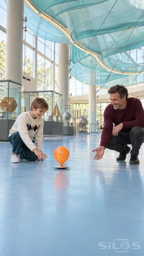 A father and son watch an orange balloon hovercraft on a smooth blue floor beneath a suspended turquoise canopy.