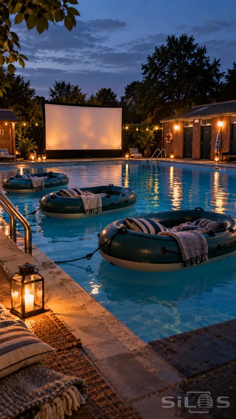 A floating pool cinema at blue hour with three tethered dinghies; striped cushions; blankets; a pale outdoor screen and warm lamps.