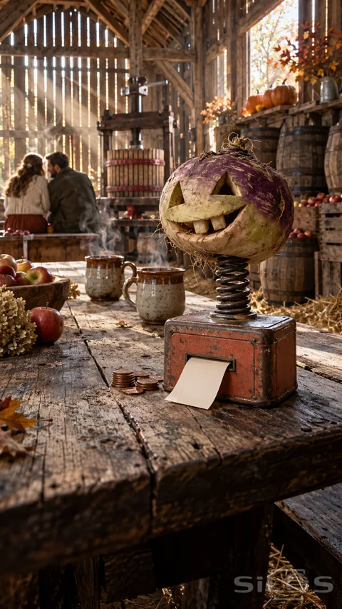 Carved purple turnip on a spring above a worn tin fortune box; with mugs; coins and an orchard barn behind it.