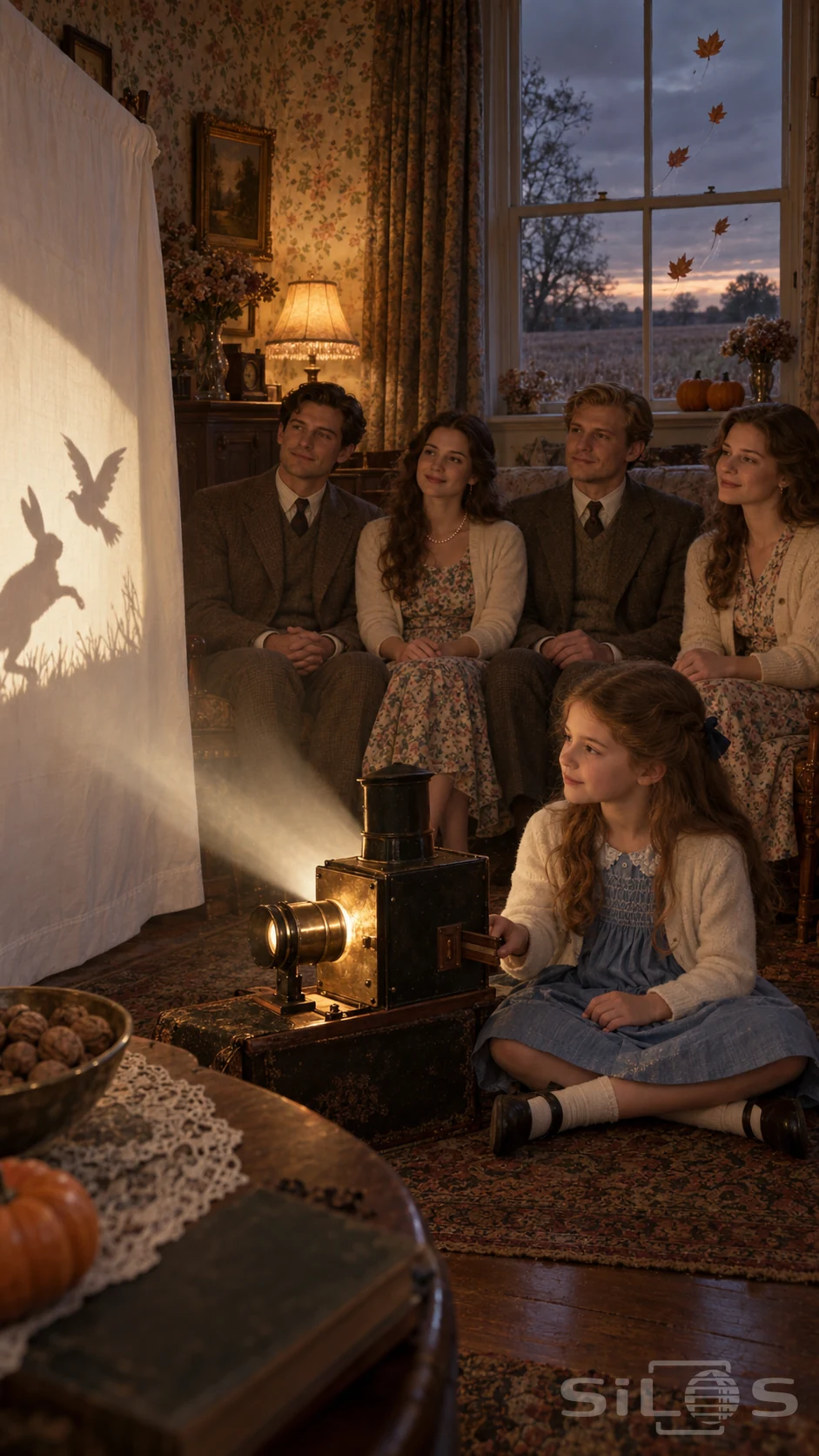 A girl operates a brass magic lantern beside a sheet of animal shadows as four smiling adults sit behind her in a farmhouse parlour.