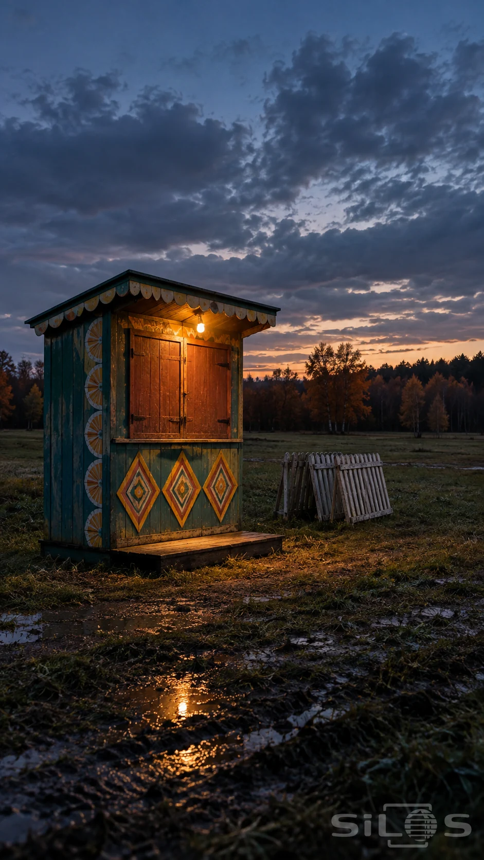 Painted fair booth with teal and marigold diamonds, closed wooden shutters and one glowing bulb beside folded fences in a wet meadow.
