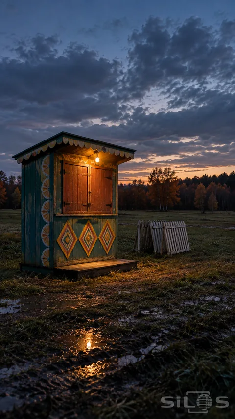 Painted fair booth with teal and marigold diamonds; closed wooden shutters and one glowing bulb beside folded fences in a wet meadow.