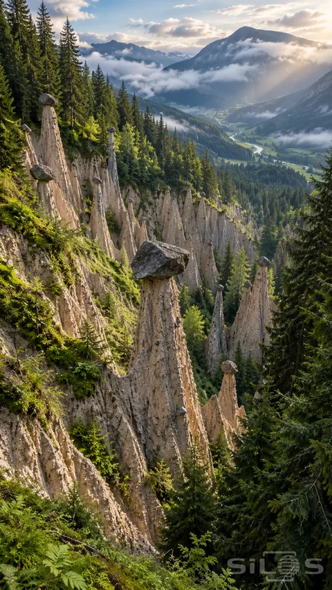 Forest earth pyramids support dark capstones above a steep green ravine and a misty mountain valley.