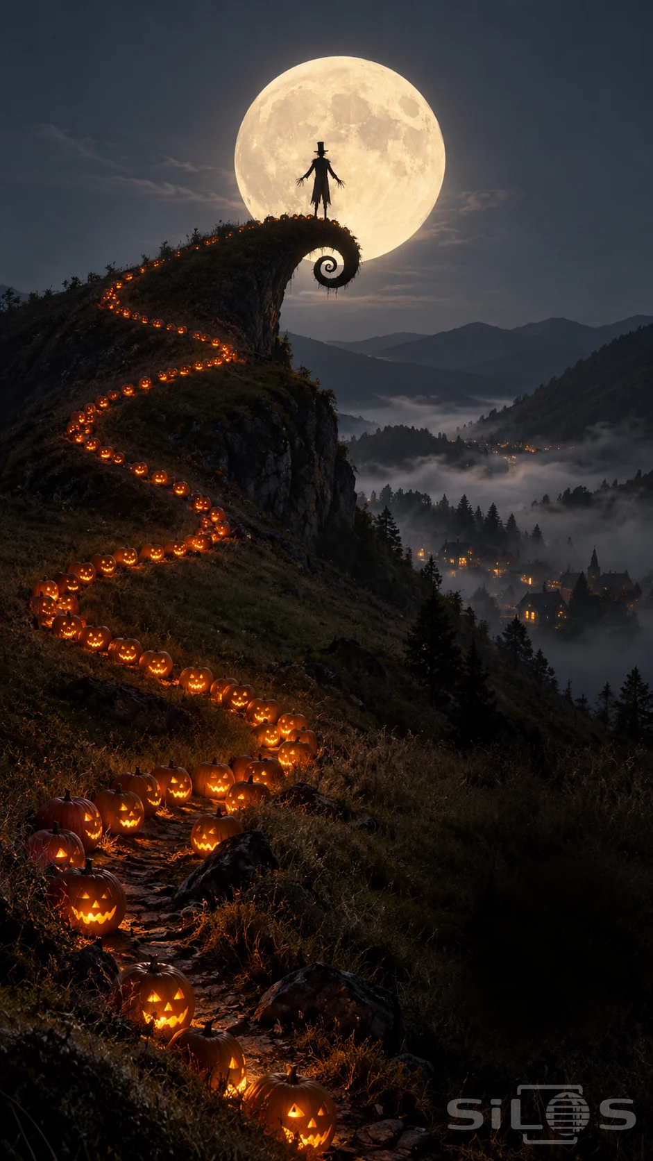 A slender scarecrow in a top hat stands on a curled hilltop above a glowing pumpkin path with a huge moon and misty valley behind.