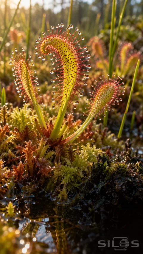 Sundew droplets glisten on red tentacles around slender green leaves rising from wet moss beside a dark puddle.