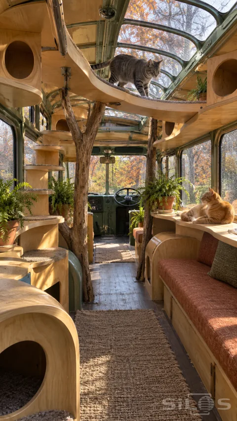 A tabby crosses an overhead wooden catwalk while a ginger cat rests beside a window inside a converted bus with a glass roof.