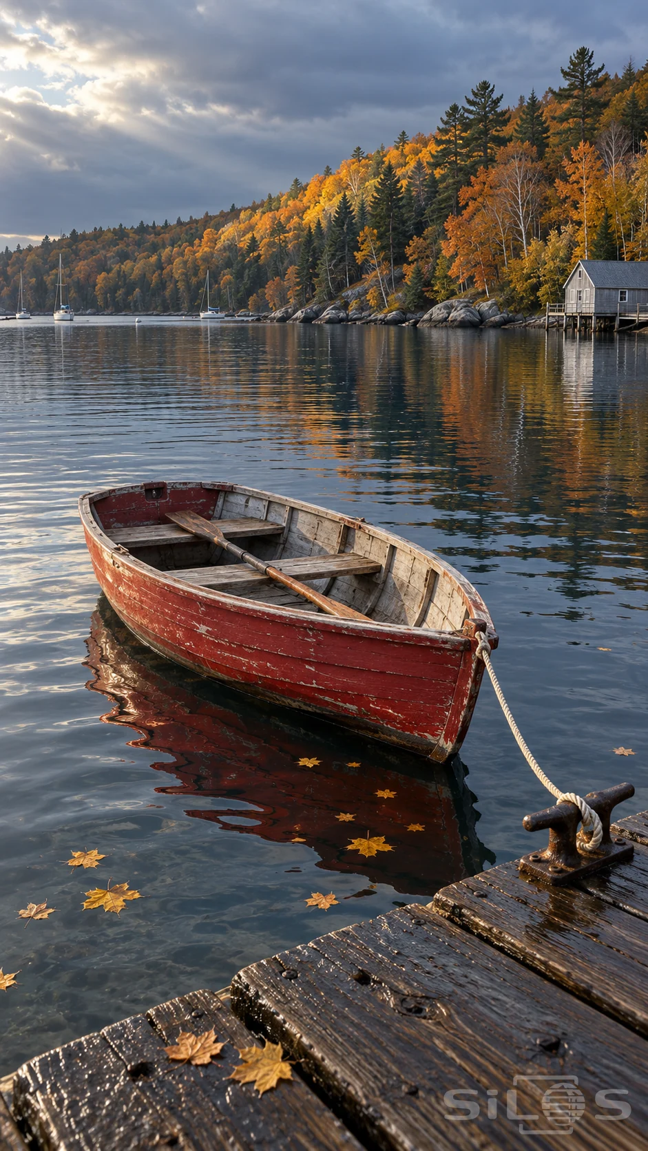 A red dinghy with two wooden benches and one oar is tied to a wet dock below an autumn hillside and small boathouse.