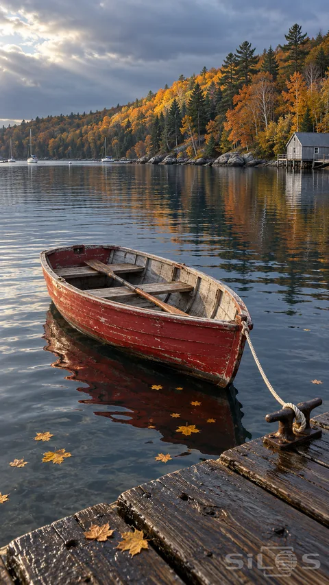 A red dinghy with two wooden benches and one oar is tied to a wet dock below an autumn hillside and small boathouse.