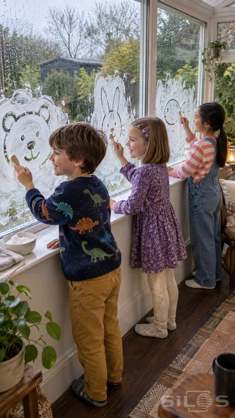 Three children make animal foam drawings with wooden craft sticks across a rainy sunroom window.