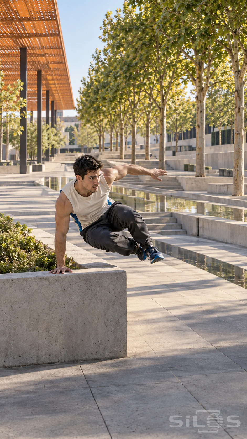 Parkour vault over a concrete planter in a sunlit courtyard with an orange canopy, trees and a reflecting channel.