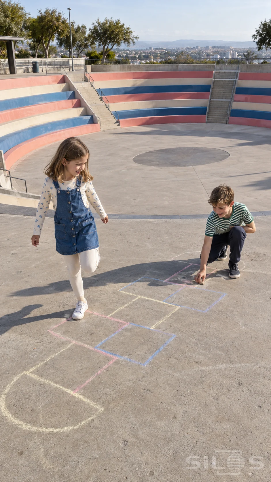 Two children play hopscotch on chalk squares in a striped plaza surrounded by curved coral, cream and blue concrete seating.