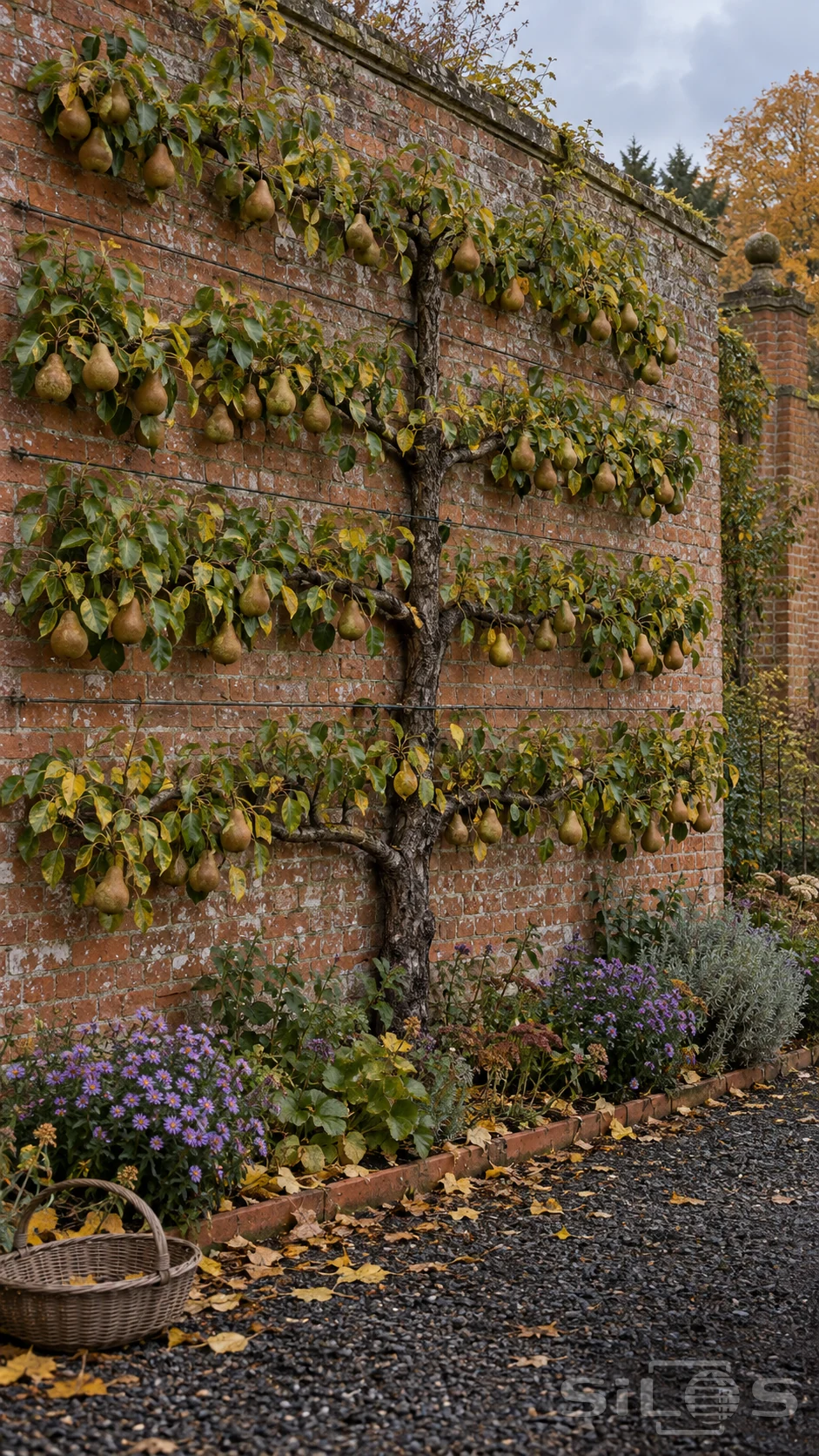 Espalier pears hang among green and gold leaves on horizontal branches against a brick wall above purple asters.