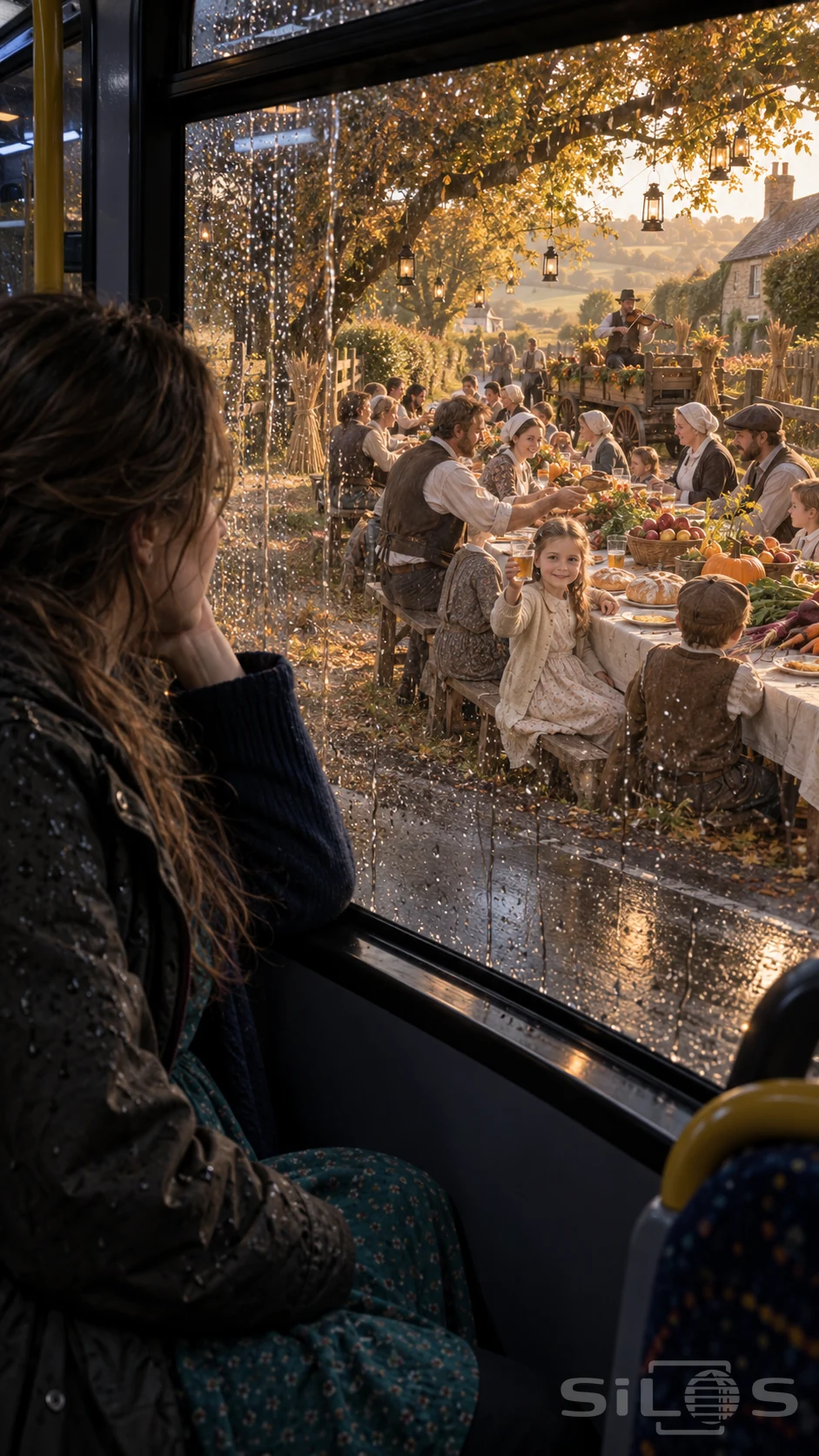 A tired bus passenger watches a sunlit autumn supper through rain-streaked glass as a girl raises a cup.