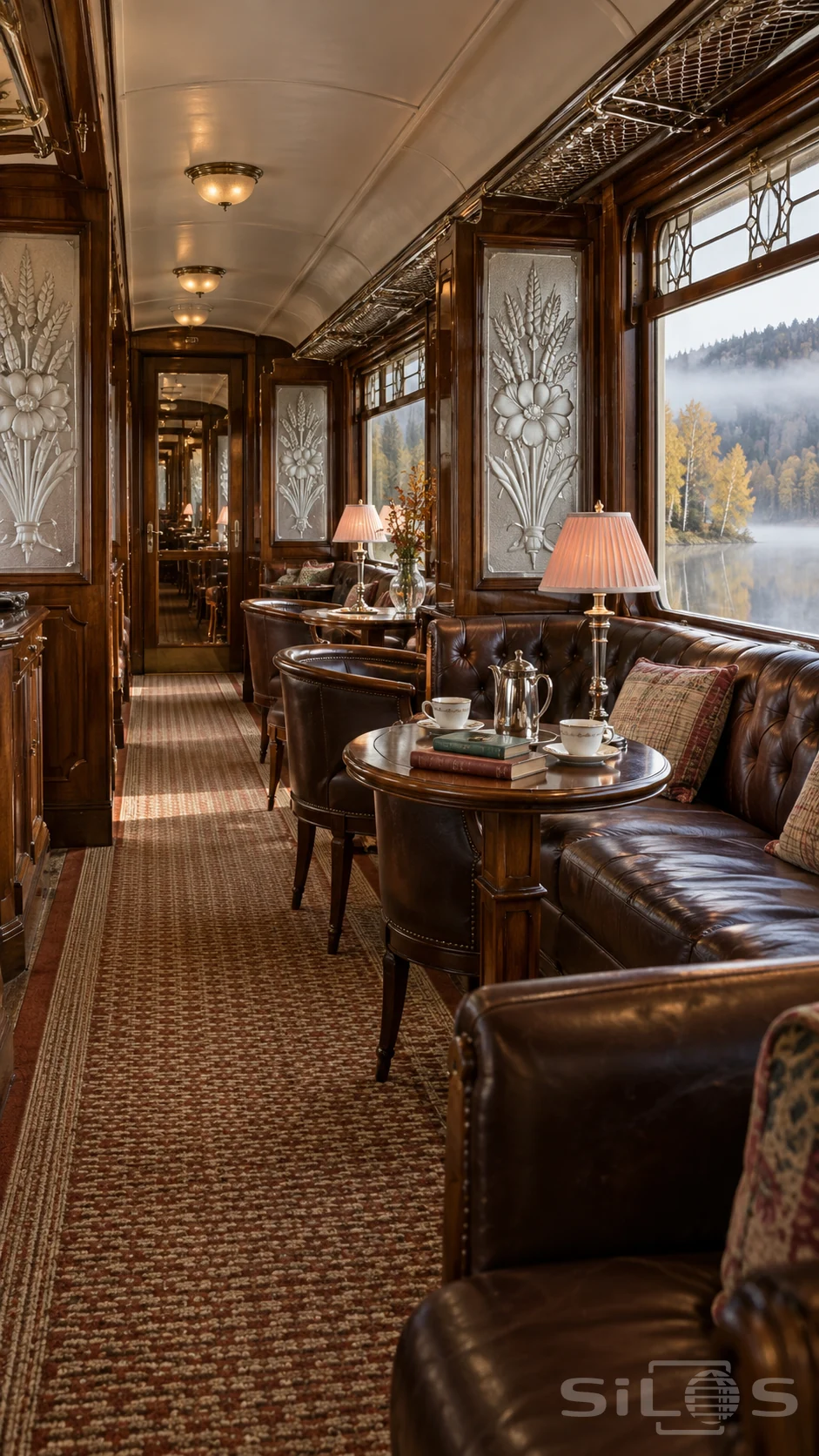 Walnut railway salon with frosted glass bouquet panels, brown leather seating, pink shaded lamps and autumn lake views.