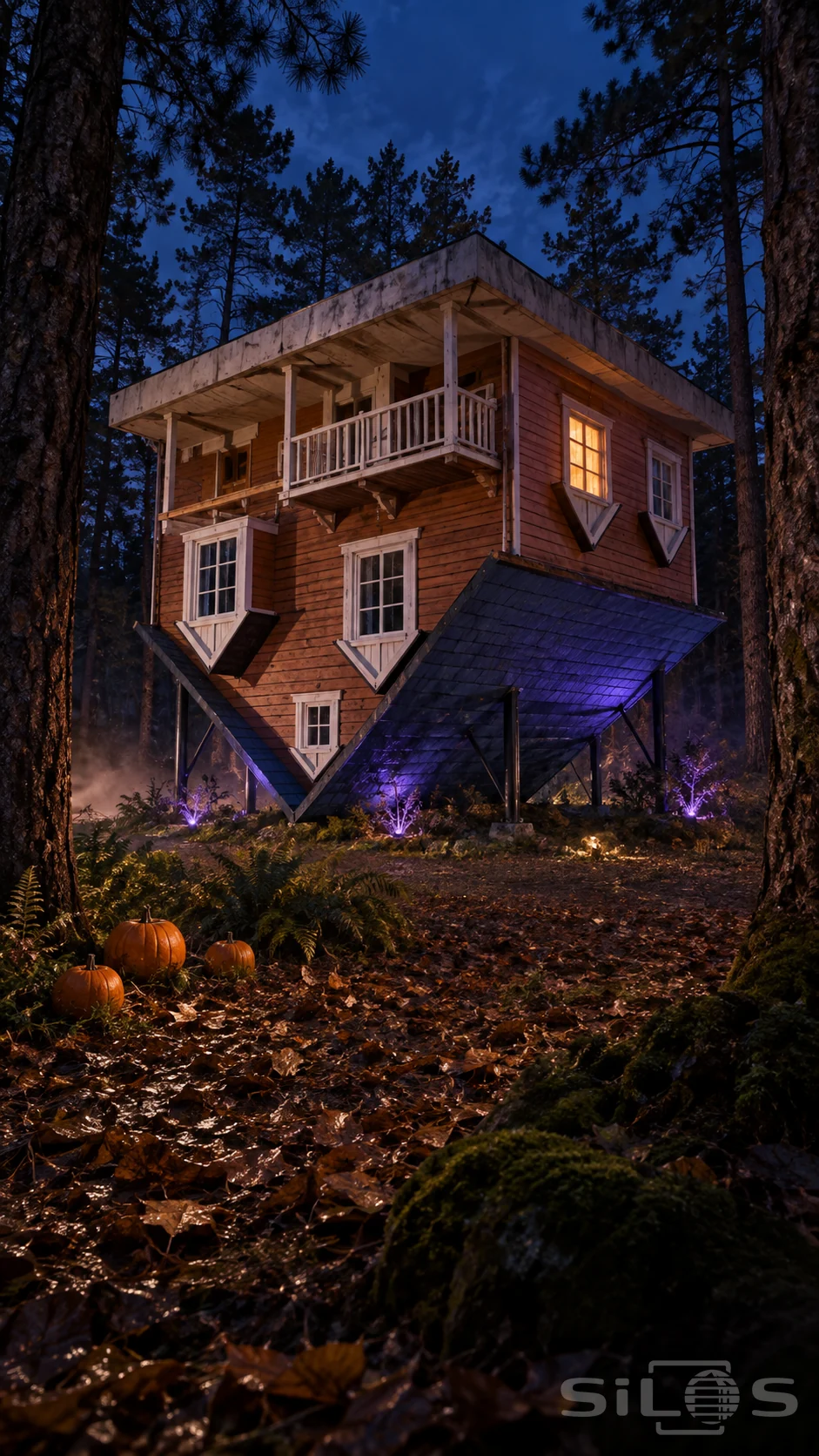 An ochre upside down house rests on a blue roof among pine trees, with warm windows and pumpkins near the ground.