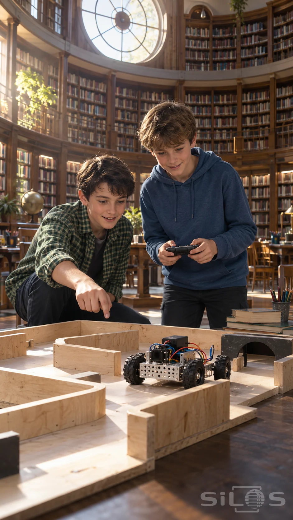 Two boys use a controller to guide a small wheeled robot through a wooden maze on a table in a circular library.
