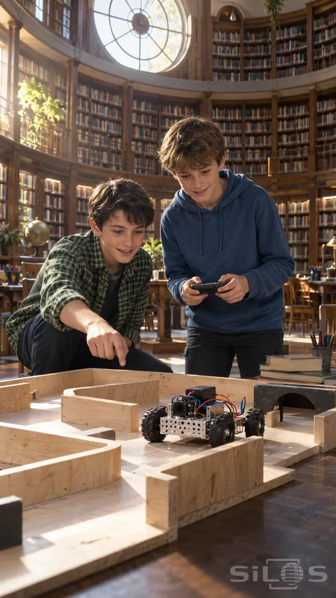 Two boys use a controller to guide a small wheeled robot through a wooden maze on a table in a circular library.