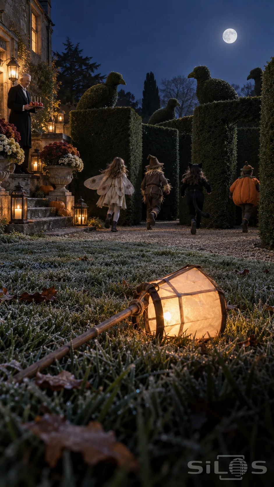 A paper lantern lies on its carrying stick in frosty grass while four costumed children run into a hedge maze topped with clipped birds.