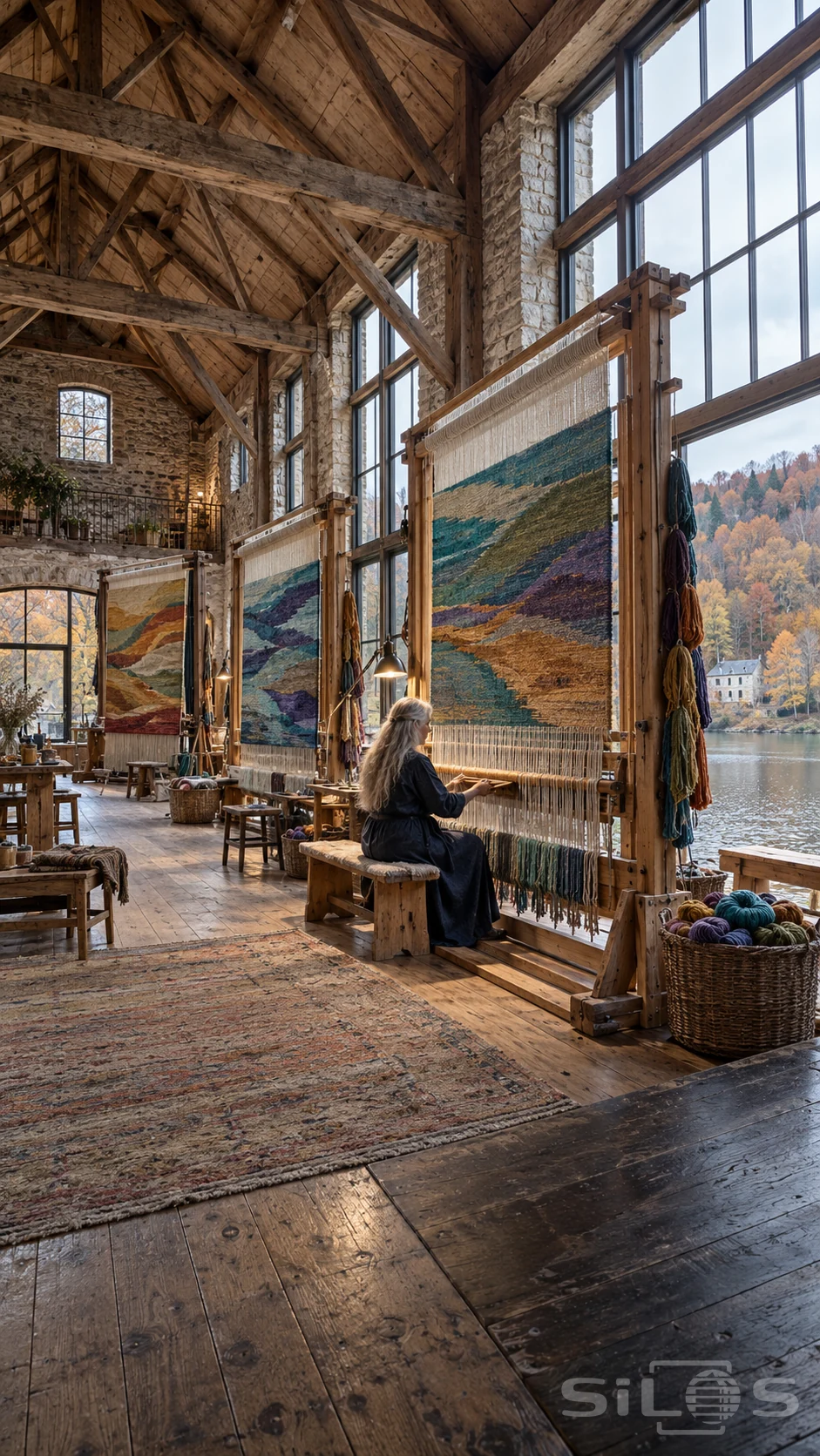 A silver-haired weaver works at a huge wooden loom beside tall river windows in a stone and timber mill.