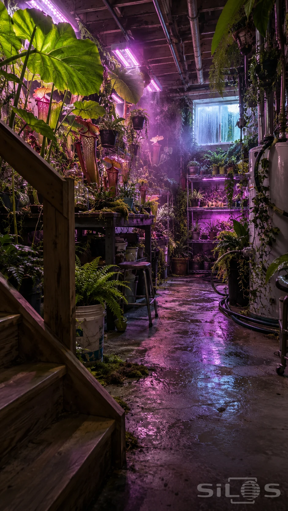 Purple grow lights illuminate giant leaves, pitcher plants and damp concrete in an overgrown basement.