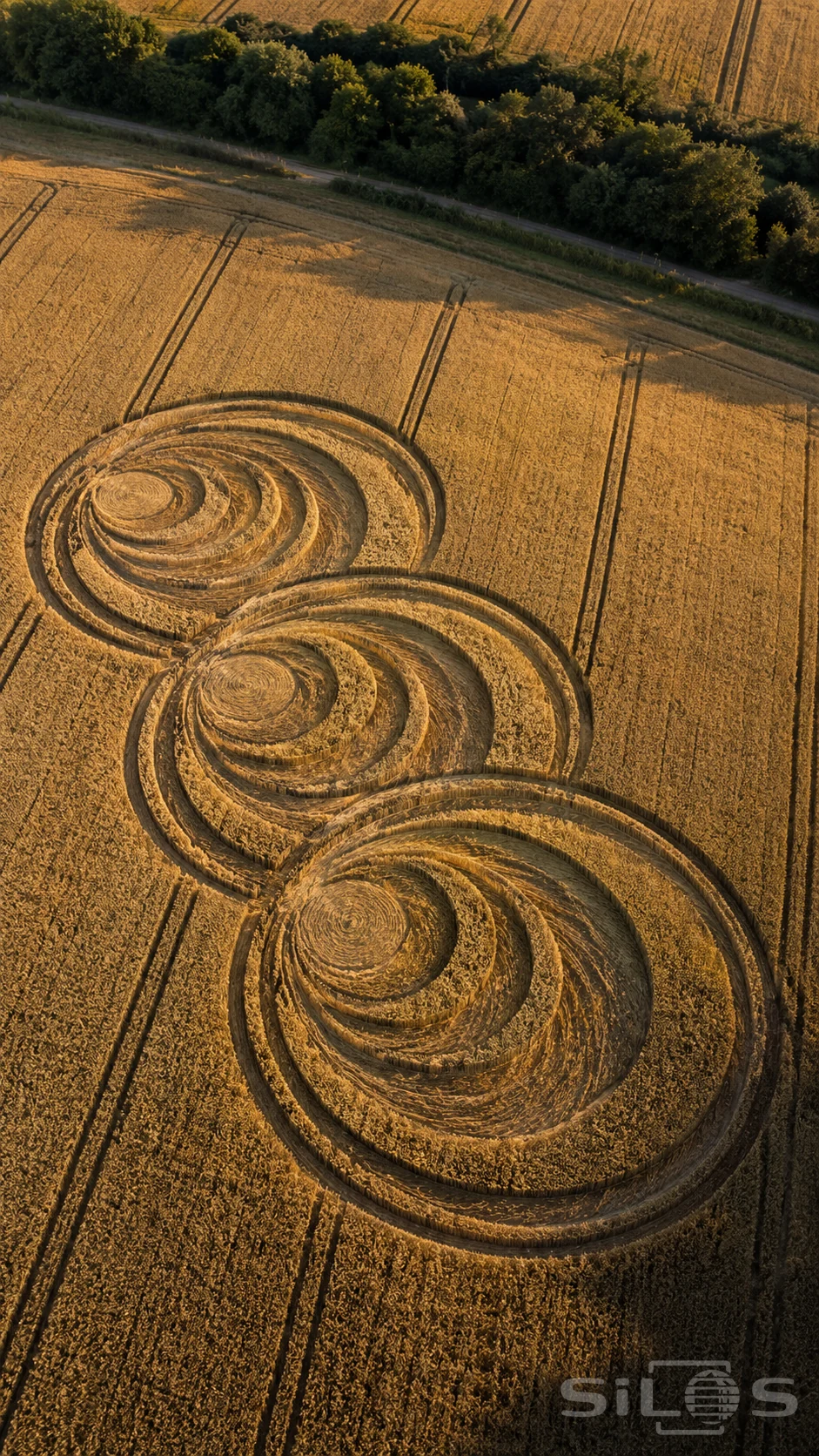 Crop circle aerial showing three overlapping circular patterns in golden grain beside field tracks and a hedge.