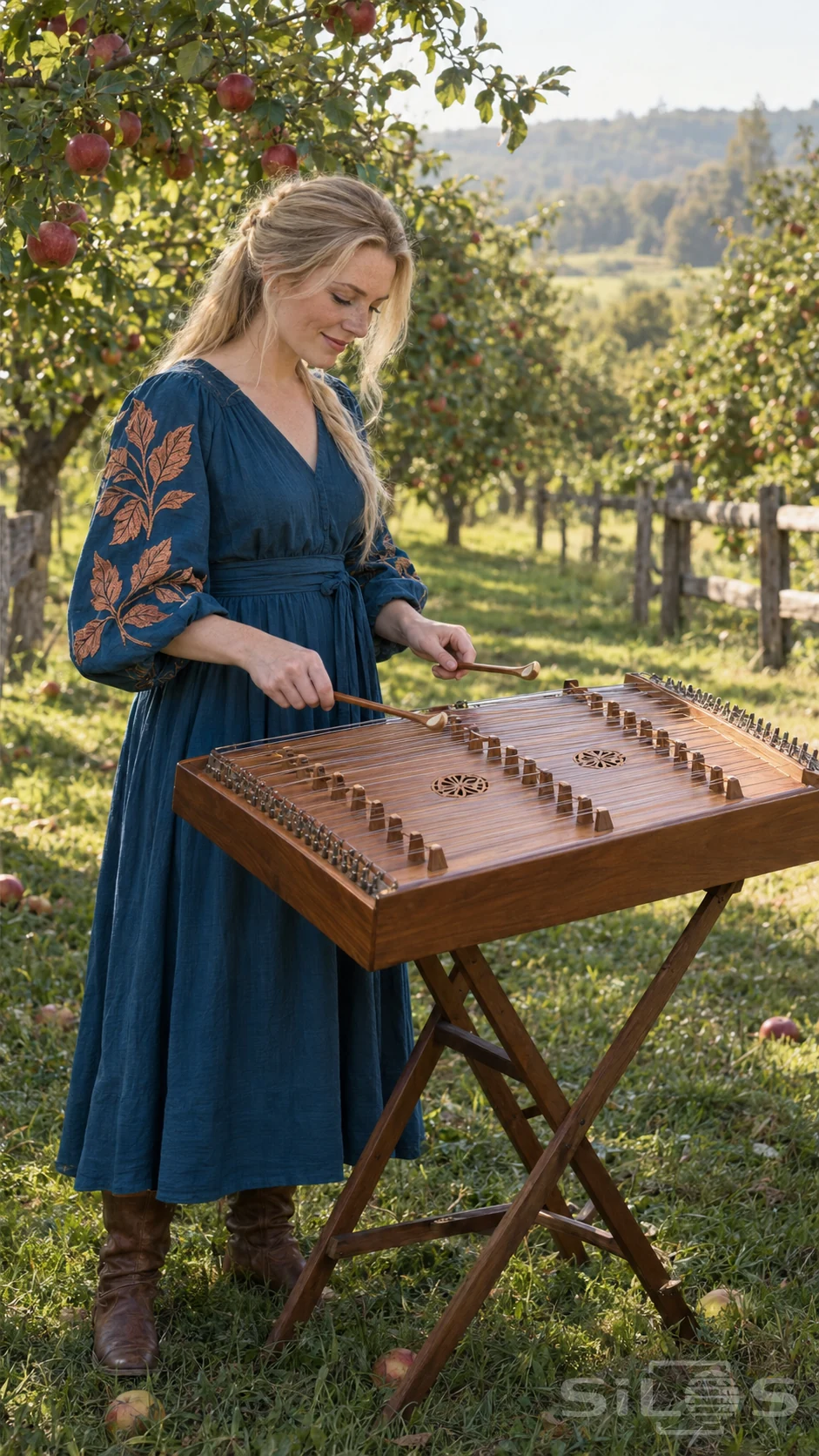 Hammered dulcimer played with two wooden hammers by an adult musician in a blue dress beneath orchard trees.