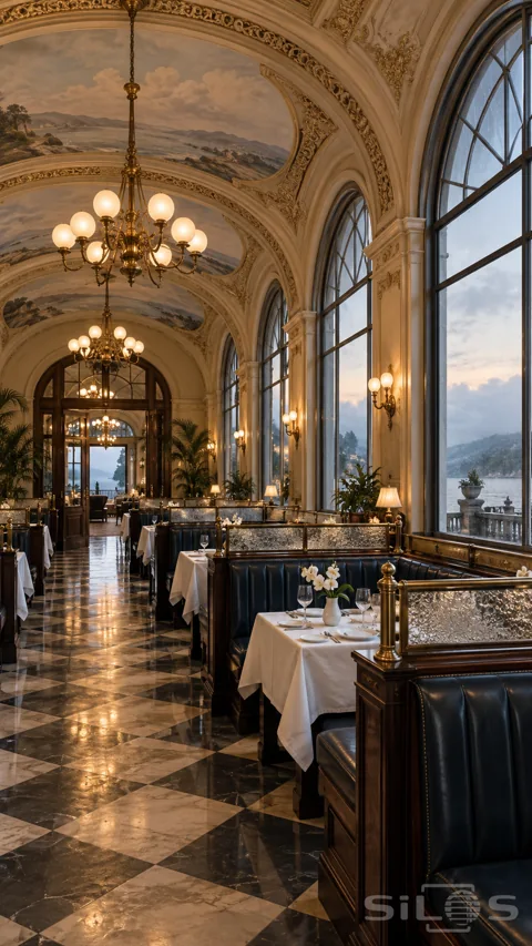 Grand dining hall with coastal ceiling paintings; cream arches; blue leather booths; white linen and large windows beside water.