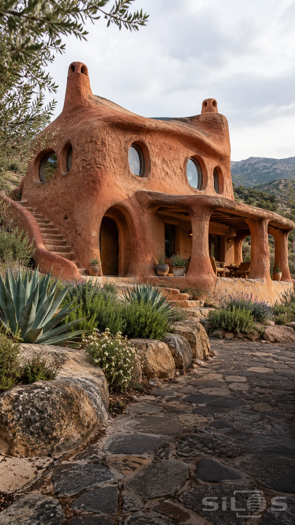 A rough red clay house has oval windows, rounded chimneys and a shaded porch above agaves and a stone path.