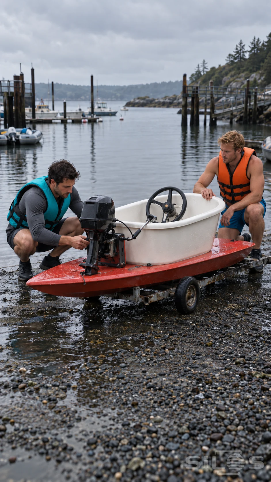 A bathtub racing boat on a low trolley as two men in life jackets check the compact vessel beside a wet harbor slipway.