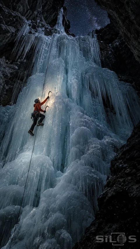 Night ice climbing with an adult in an orange jacket; helmet and rope against a frozen waterfall in a dark gorge.