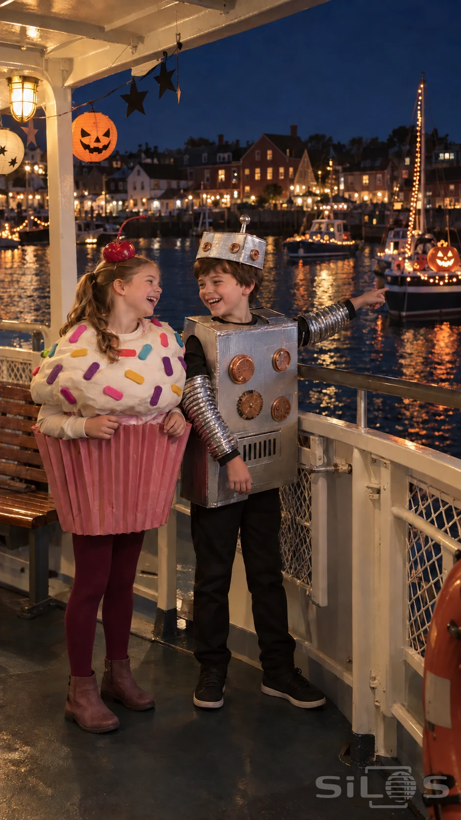 Halloween ferry with two children in a cupcake costume and a cardboard robot outfit laughing beside harbor lights.