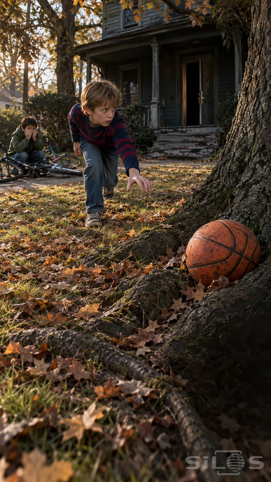 A boy in a striped sweater reaches toward a basketball among tree roots while another boy crouches beside two bicycles.