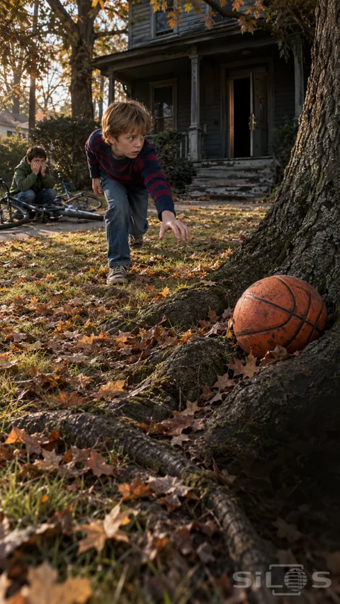 A boy in a striped sweater reaches toward a basketball among tree roots while another boy crouches beside two bicycles.