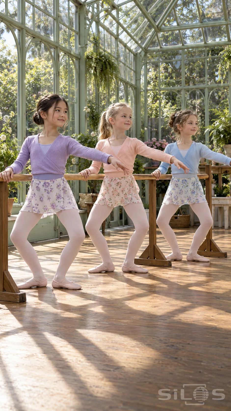 Three girls practice a simple ballet class exercise at a wooden barre inside a bright glasshouse dance studio.