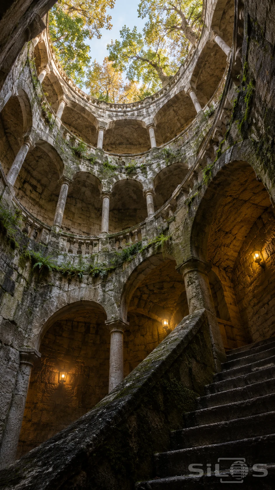 A mossy stone stair curves through several levels of arched galleries toward a circular opening filled with sky and autumn branches.