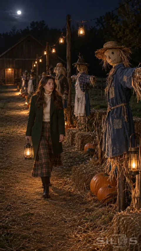 A woman in a green coat walks beside a lantern-lit row of scarecrows and pumpkins at night.